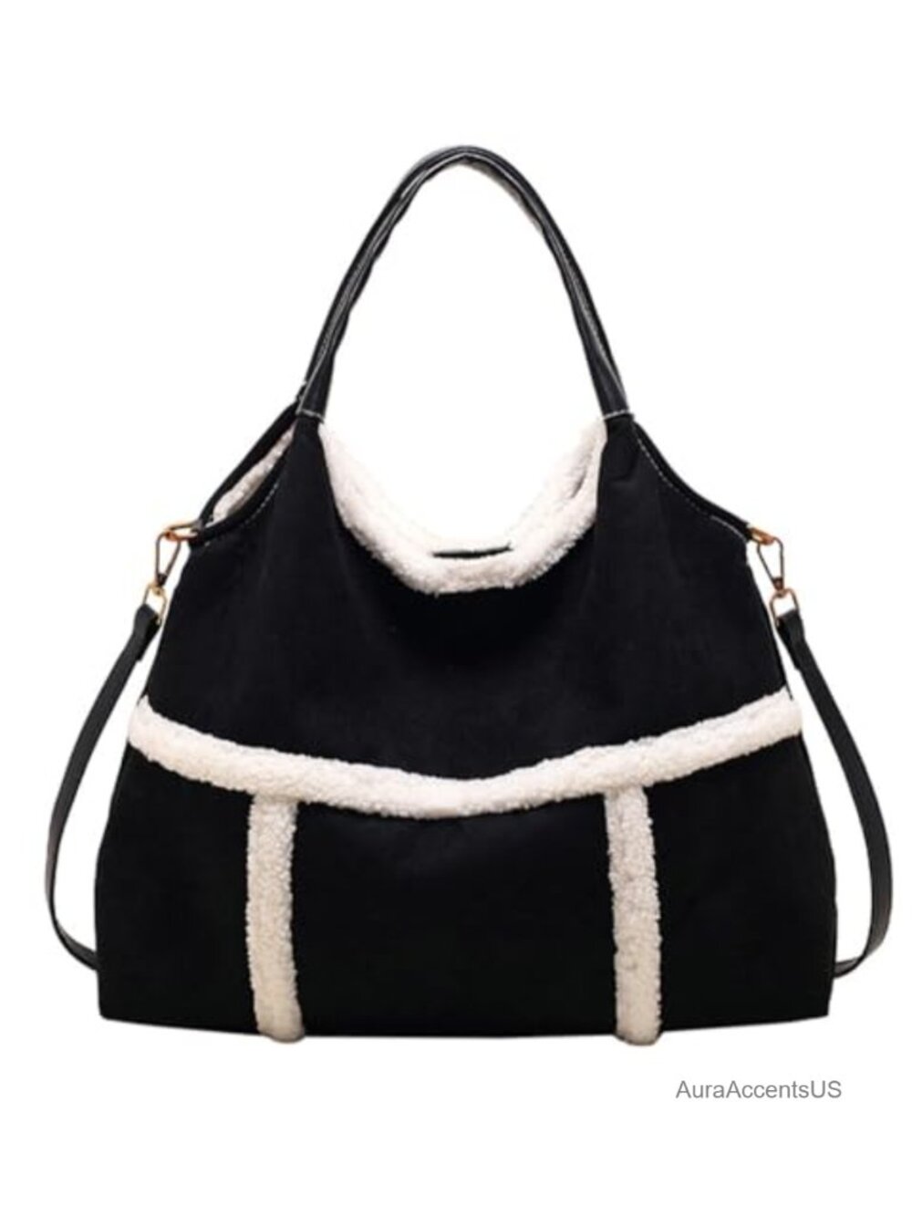 Suede Faux Shearling Lined Large Tote Bag Women's Crossbody Shoulder Purse Work